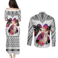 Polynesian Couples Matching Puletasi Dress and Long Sleeve Button Shirts Dog Lover With Shiba Inu - Sunset At The Beach White Ver LT7 - Wonder Print Shop