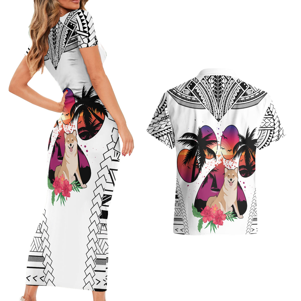 Polynesian Couples Matching Short Sleeve Bodycon Dress and Hawaiian Shirt Dog Lover With Shiba Inu - Sunset At The Beach White Ver LT7 - Wonder Print Shop