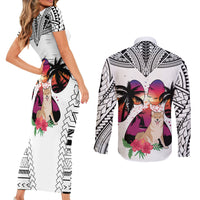 Polynesian Couples Matching Short Sleeve Bodycon Dress and Long Sleeve Button Shirts Dog Lover With Shiba Inu - Sunset At The Beach White Ver LT7 - Wonder Print Shop