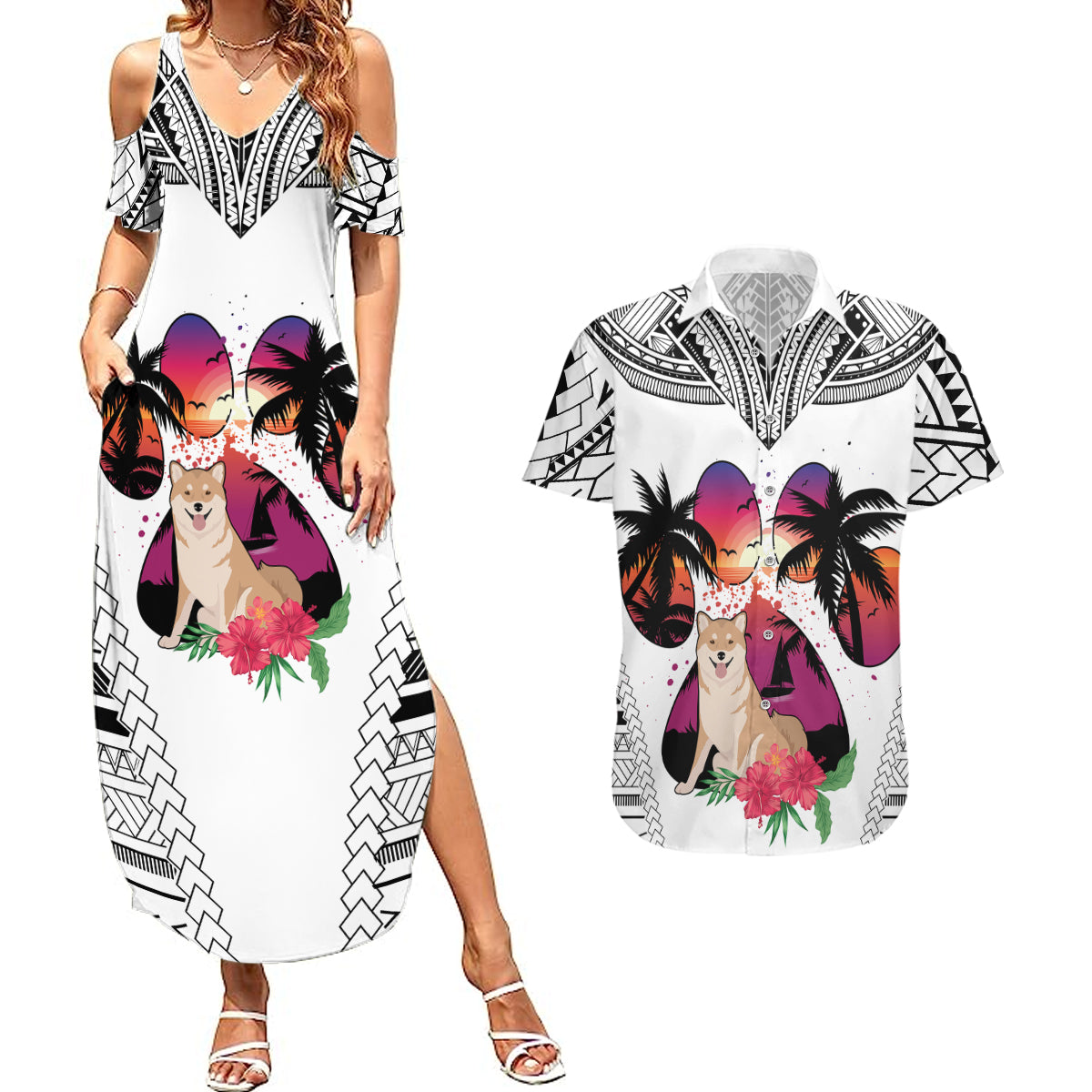 Polynesian Couples Matching Summer Maxi Dress and Hawaiian Shirt Dog Lover With Shiba Inu - Sunset At The Beach White Ver LT7 - Wonder Print Shop