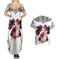 Polynesian Couples Matching Summer Maxi Dress and Hawaiian Shirt Dog Lover With Shiba Inu - Sunset At The Beach White Ver LT7 - Wonder Print Shop