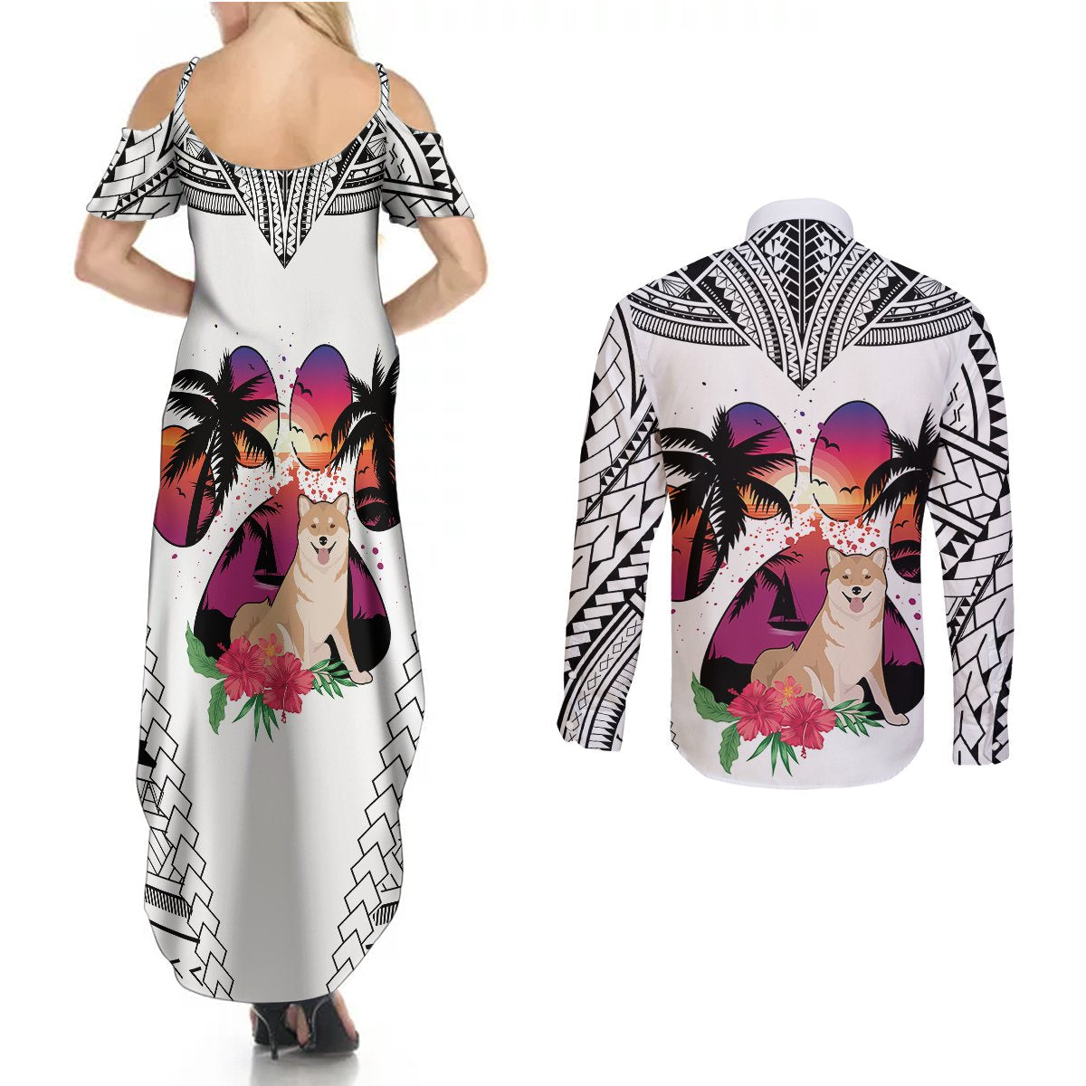 Polynesian Couples Matching Summer Maxi Dress and Long Sleeve Button Shirts Dog Lover With Shiba Inu - Sunset At The Beach White Ver LT7 - Wonder Print Shop