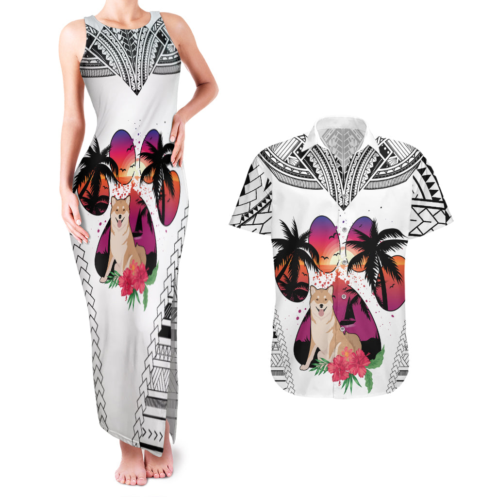Polynesian Couples Matching Tank Maxi Dress and Hawaiian Shirt Dog Lover With Shiba Inu - Sunset At The Beach White Ver LT7 - Wonder Print Shop