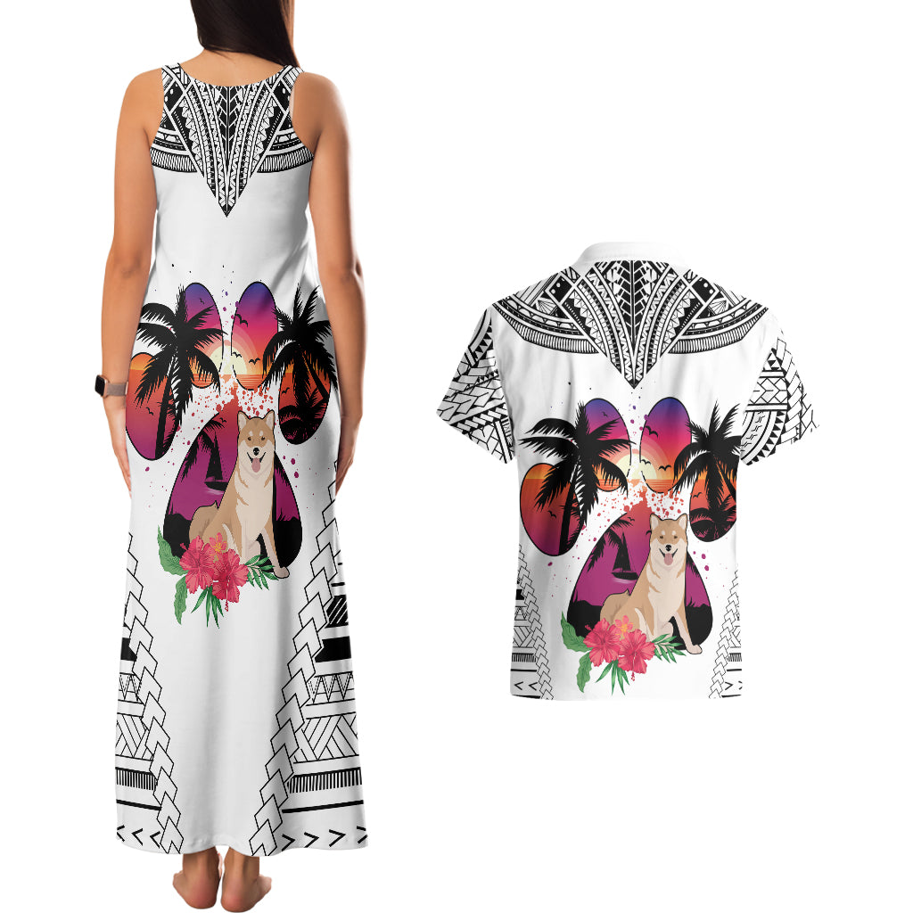 Polynesian Couples Matching Tank Maxi Dress and Hawaiian Shirt Dog Lover With Shiba Inu - Sunset At The Beach White Ver LT7 - Wonder Print Shop