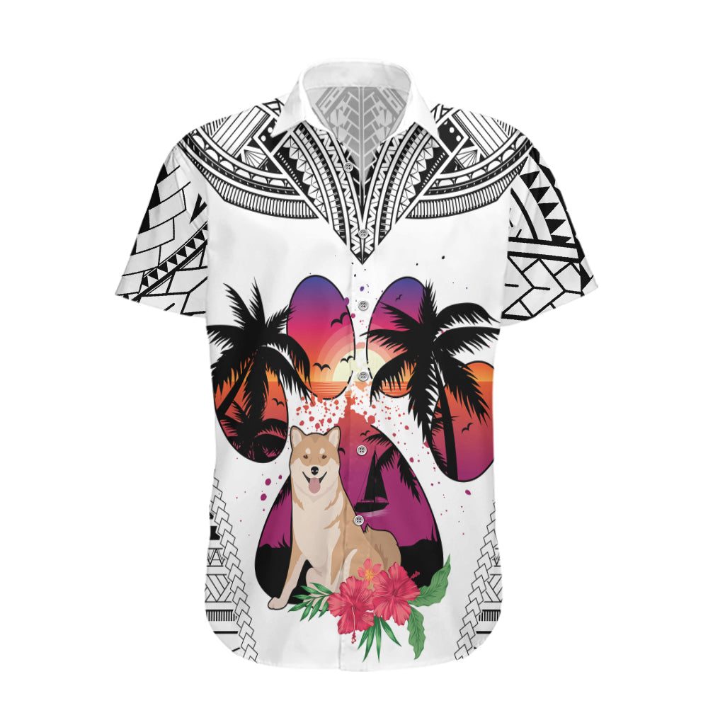 Polynesian Hawaiian Shirt Dog Lover With Shiba Inu - Sunset At The Beach White Ver - Wonder Print Shop