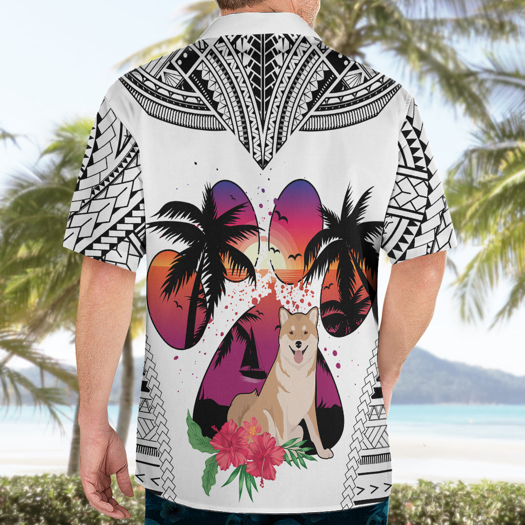 Polynesian Hawaiian Shirt Dog Lover With Shiba Inu - Sunset At The Beach White Ver - Wonder Print Shop