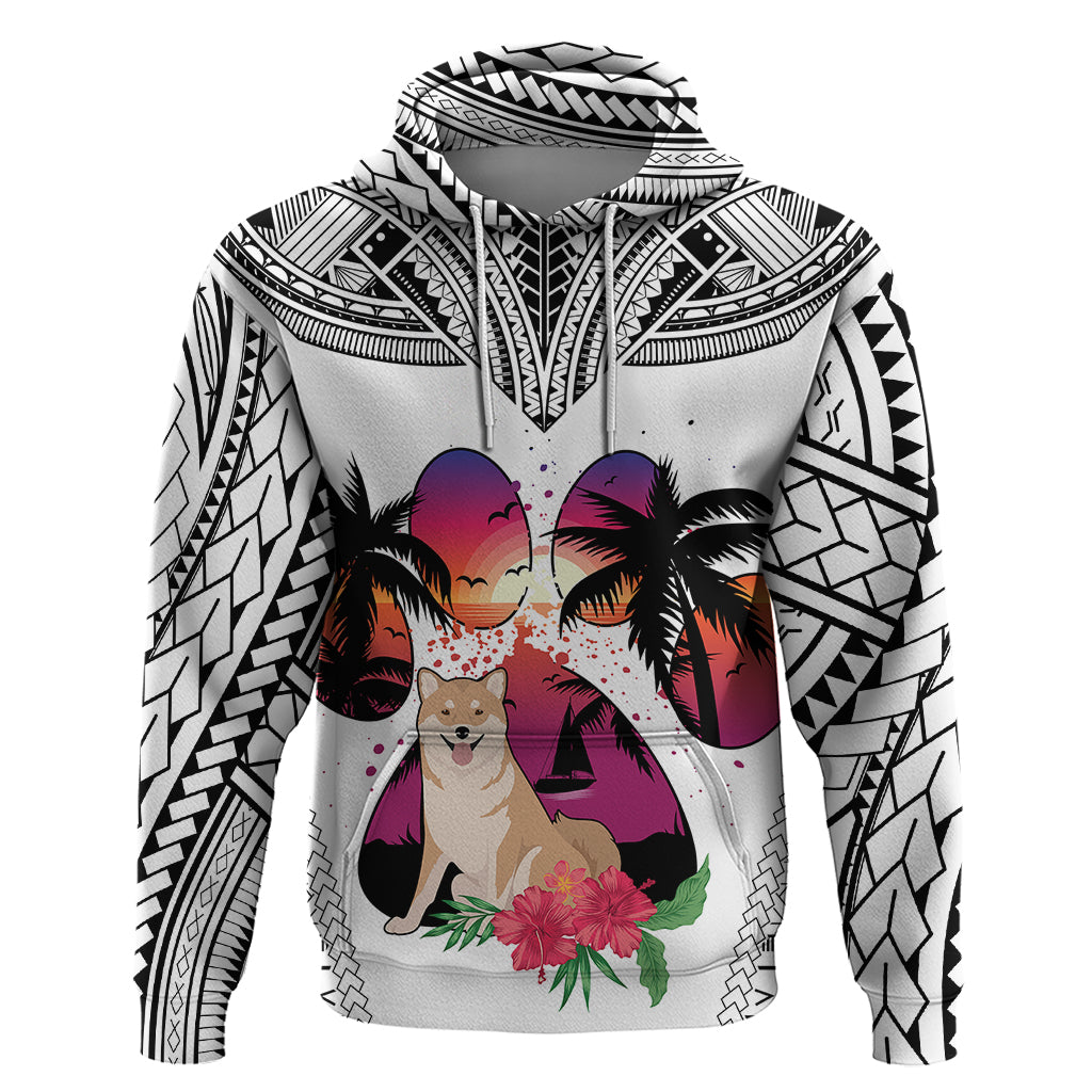 Polynesian Hoodie Dog Lover With Shiba Inu - Sunset At The Beach White Ver - Wonder Print Shop