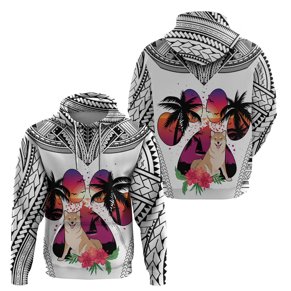 Polynesian Hoodie Dog Lover With Shiba Inu - Sunset At The Beach White Ver - Wonder Print Shop