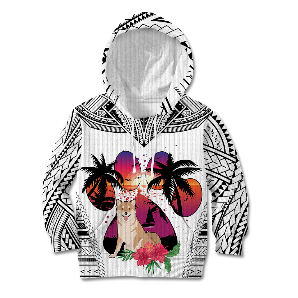 Polynesian Kid Hoodie Dog Lover With Shiba Inu - Sunset At The Beach White Ver - Wonder Print Shop