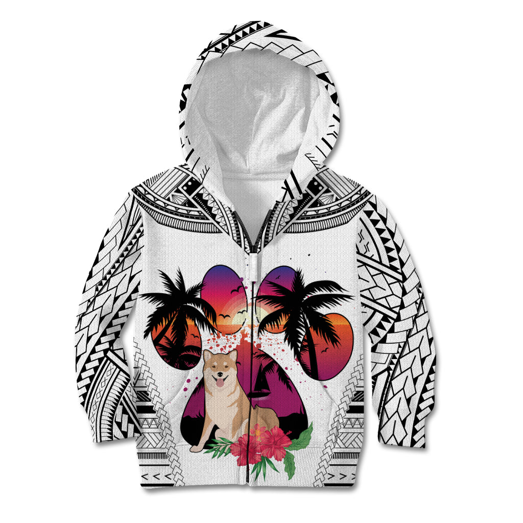 Polynesian Kid Hoodie Dog Lover With Shiba Inu - Sunset At The Beach White Ver - Wonder Print Shop