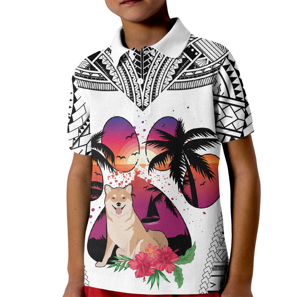 Polynesian Kid Polo Shirt Dog Lover With Shiba Inu - Sunset At The Beach White Ver - Wonder Print Shop