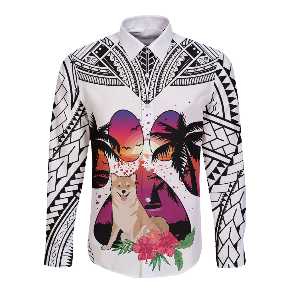 Polynesian Long Sleeve Button Shirt Dog Lover With Shiba Inu - Sunset At The Beach White Ver - Wonder Print Shop