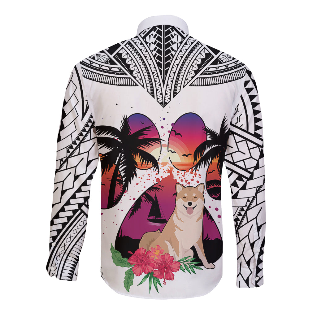 Polynesian Long Sleeve Button Shirt Dog Lover With Shiba Inu - Sunset At The Beach White Ver - Wonder Print Shop