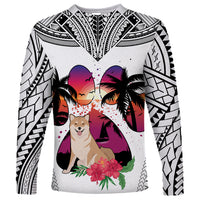 Polynesian Long Sleeve Shirt Dog Lover With Shiba Inu - Sunset At The Beach White Ver - Wonder Print Shop