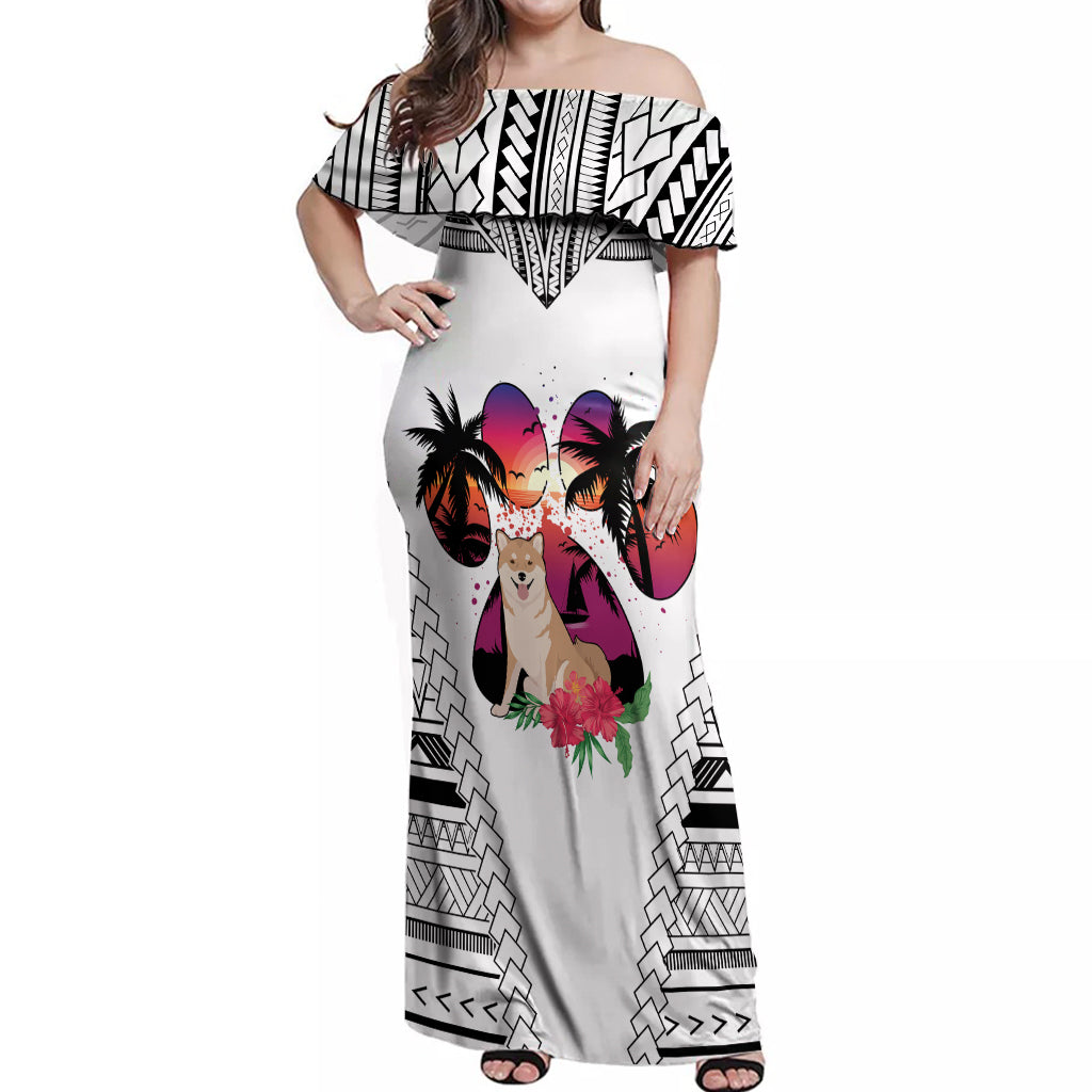 Polynesian Off Shoulder Maxi Dress Dog Lover With Shiba Inu - Sunset At The Beach White Ver - Wonder Print Shop