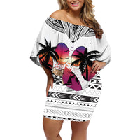 Polynesian Off Shoulder Short Dress Dog Lover With Shiba Inu - Sunset At The Beach White Ver - Wonder Print Shop