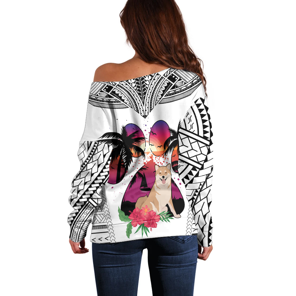 Polynesian Off Shoulder Sweater Dog Lover With Shiba Inu - Sunset At The Beach White Ver - Wonder Print Shop