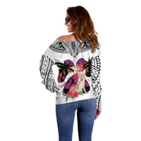 Polynesian Off Shoulder Sweater Dog Lover With Shiba Inu - Sunset At The Beach White Ver - Wonder Print Shop