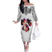 Polynesian Off The Shoulder Long Sleeve Dress Dog Lover With Shiba Inu - Sunset At The Beach White Ver - Wonder Print Shop