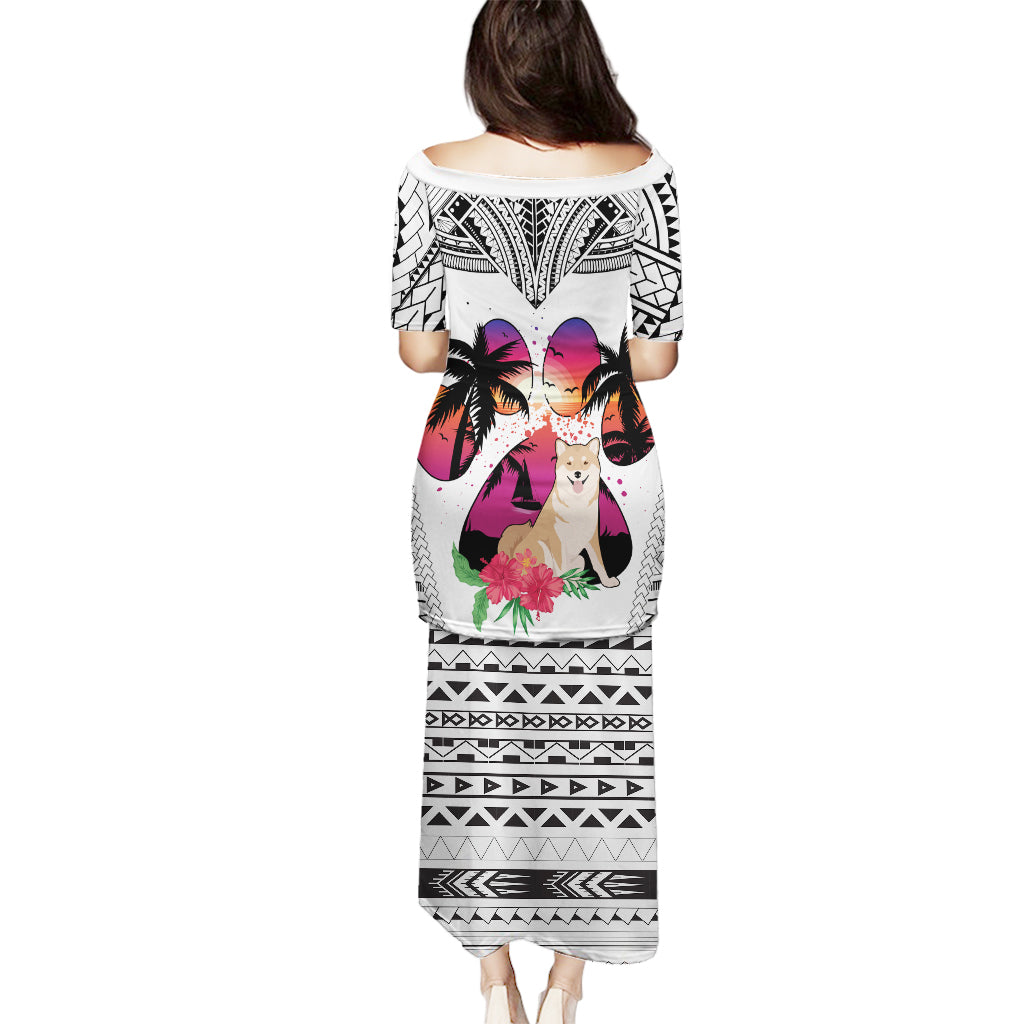Polynesian Puletasi Dog Lover With Shiba Inu - Sunset At The Beach White Ver - Wonder Print Shop