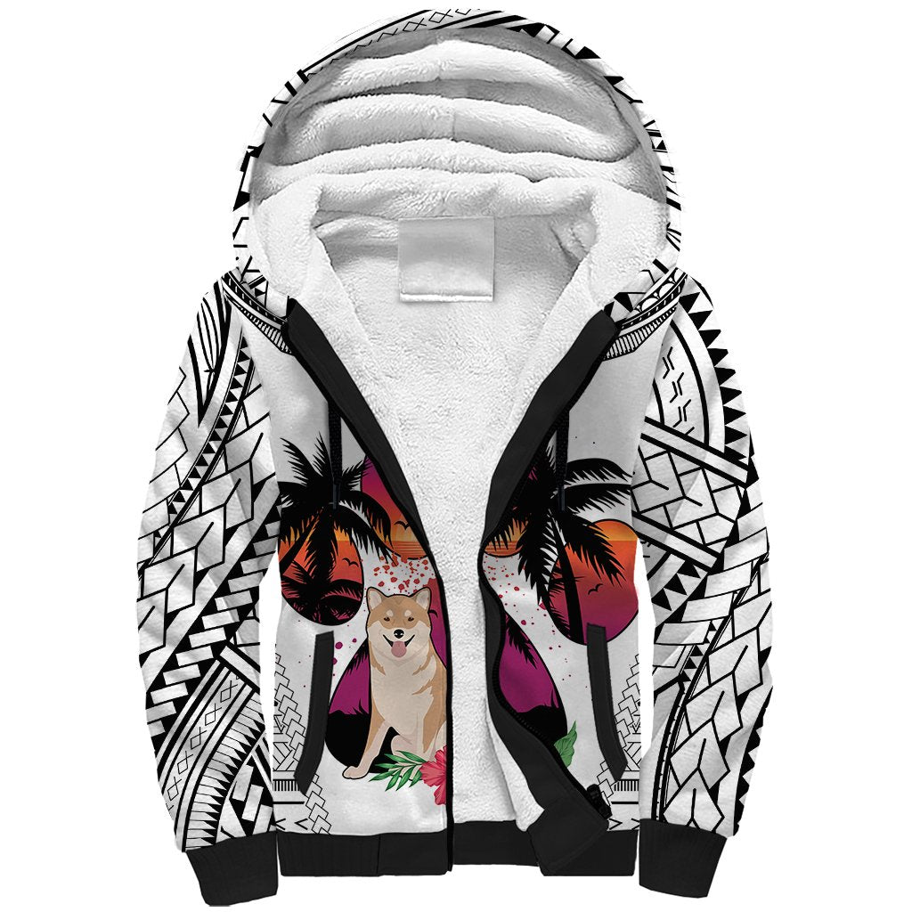 Polynesian Sherpa Hoodie Dog Lover With Shiba Inu - Sunset At The Beach White Ver - Wonder Print Shop