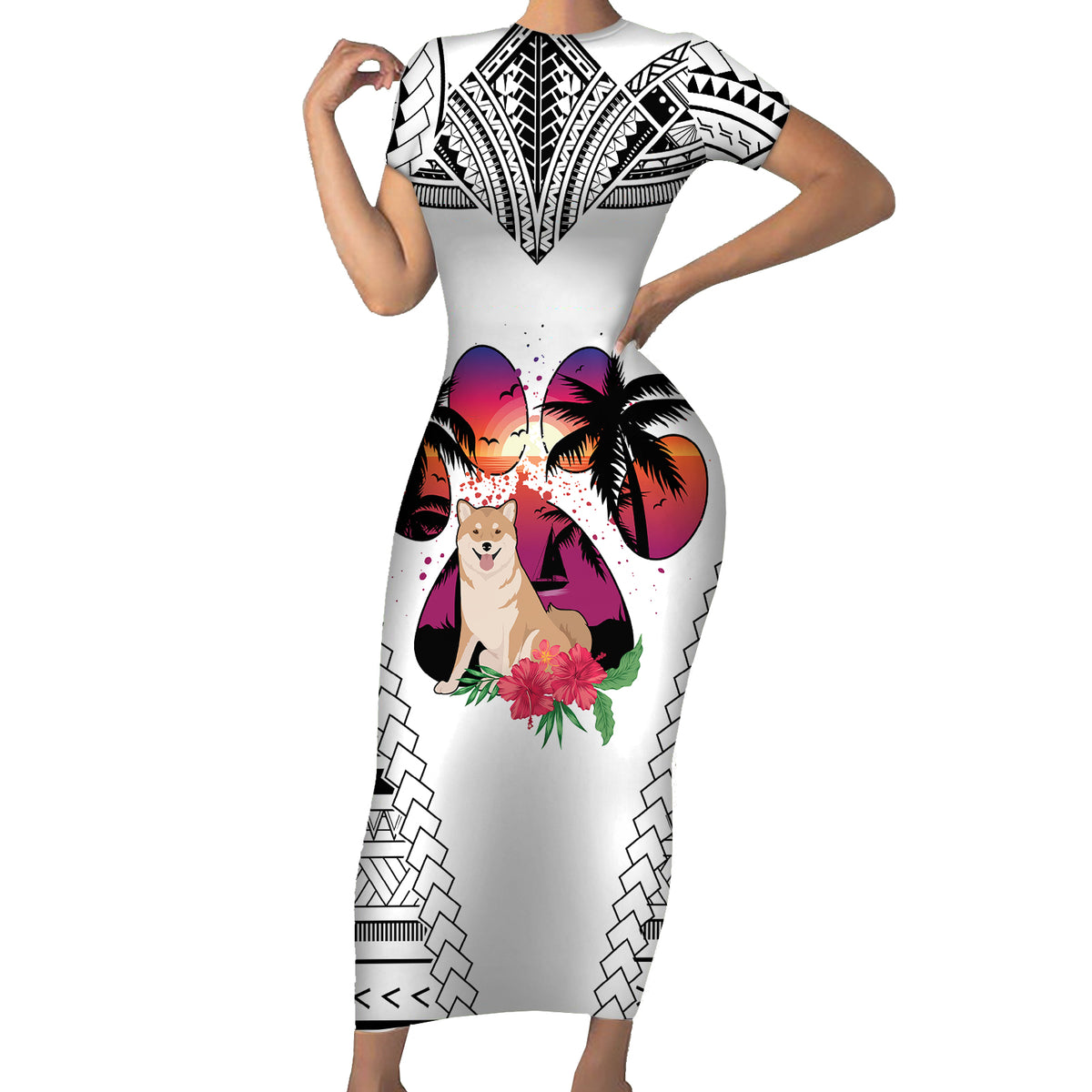 Polynesian Short Sleeve Bodycon Dress Dog Lover With Shiba Inu - Sunset At The Beach White Ver - Wonder Print Shop