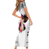 Polynesian Short Sleeve Bodycon Dress Dog Lover With Shiba Inu - Sunset At The Beach White Ver - Wonder Print Shop