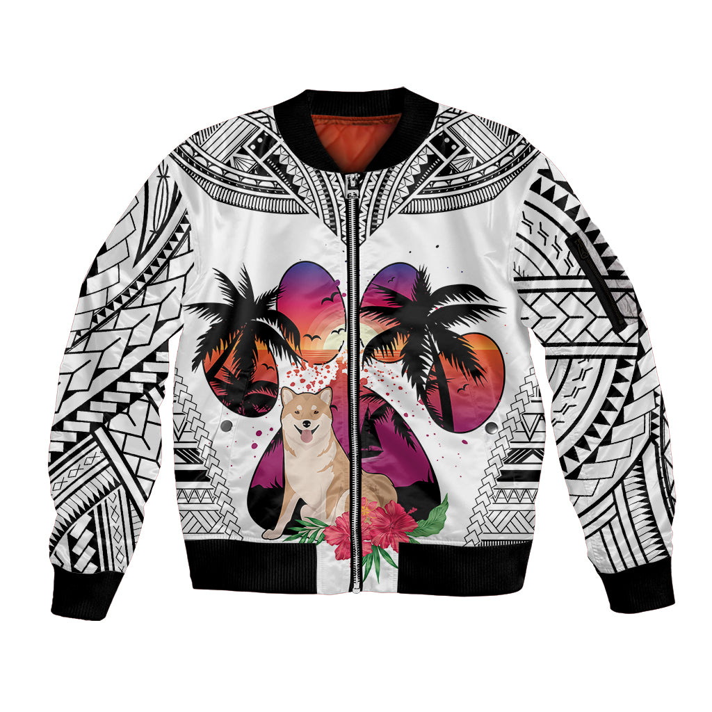 Polynesian Sleeve Zip Bomber Jacket Dog Lover With Shiba Inu - Sunset At The Beach White Ver - Wonder Print Shop