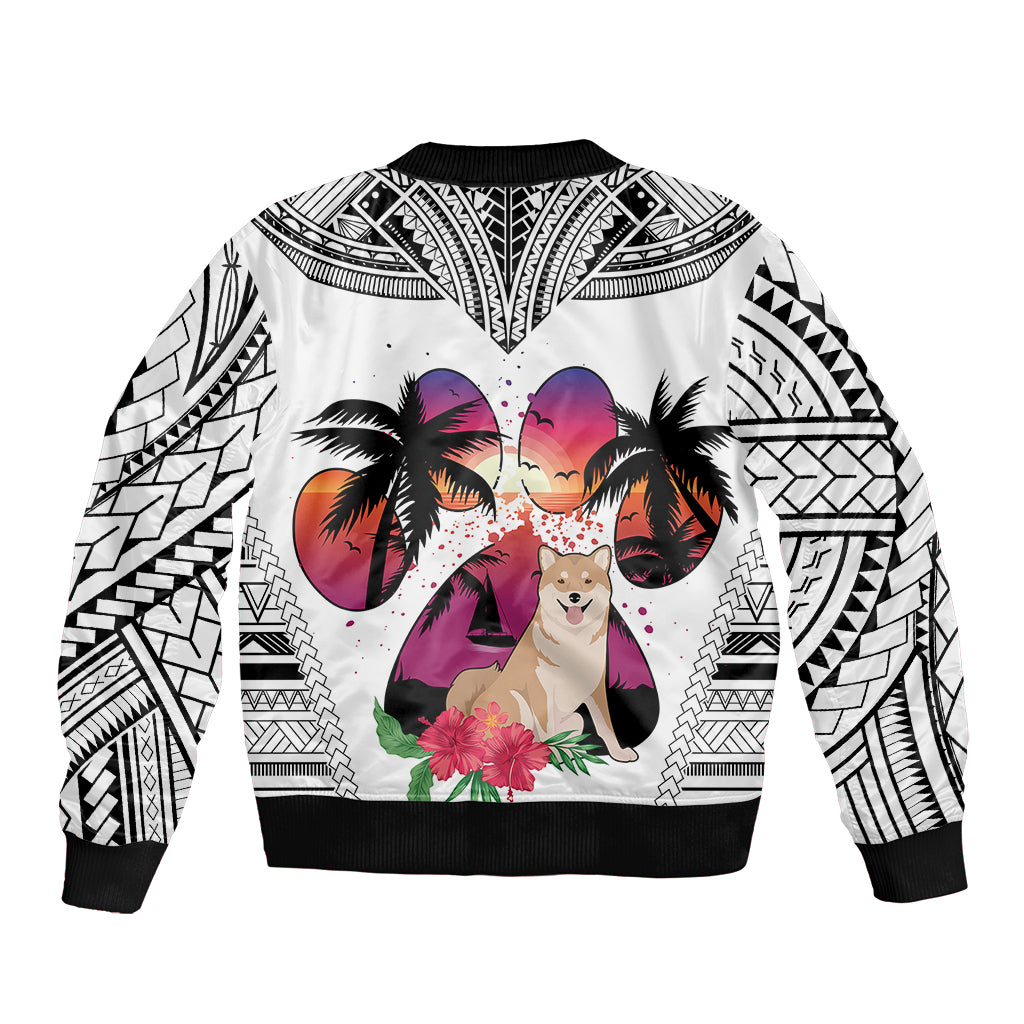 Polynesian Sleeve Zip Bomber Jacket Dog Lover With Shiba Inu - Sunset At The Beach White Ver - Wonder Print Shop