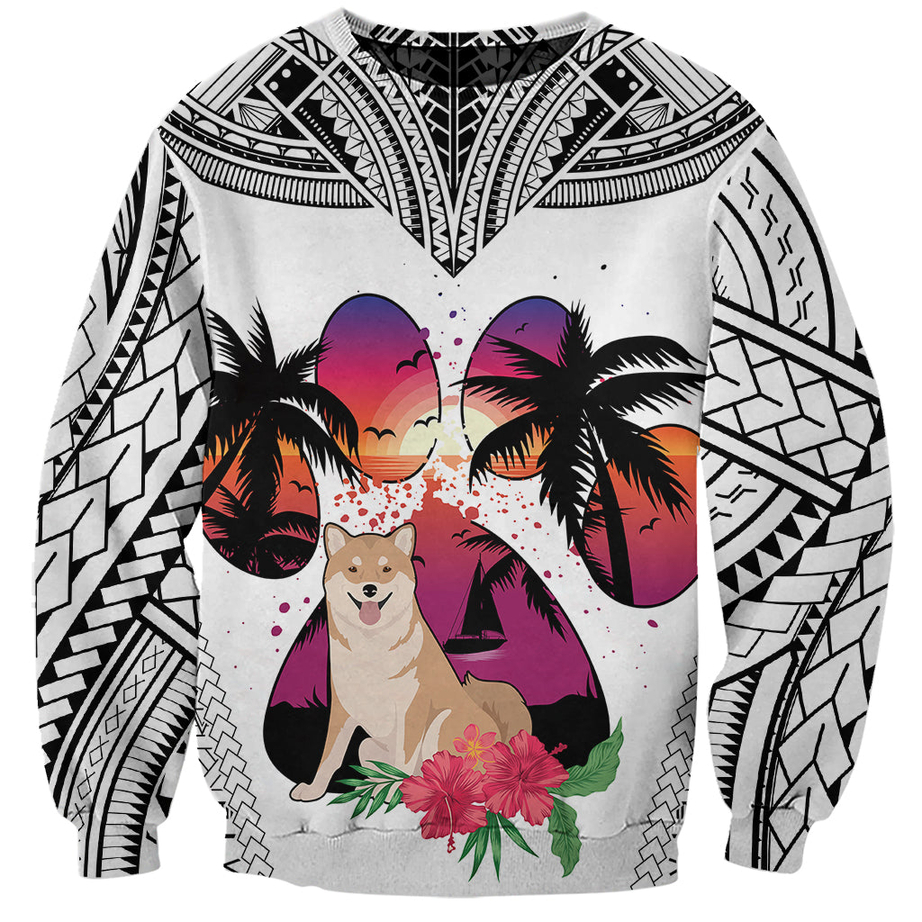 Polynesian Sweatshirt Dog Lover With Shiba Inu - Sunset At The Beach White Ver - Wonder Print Shop