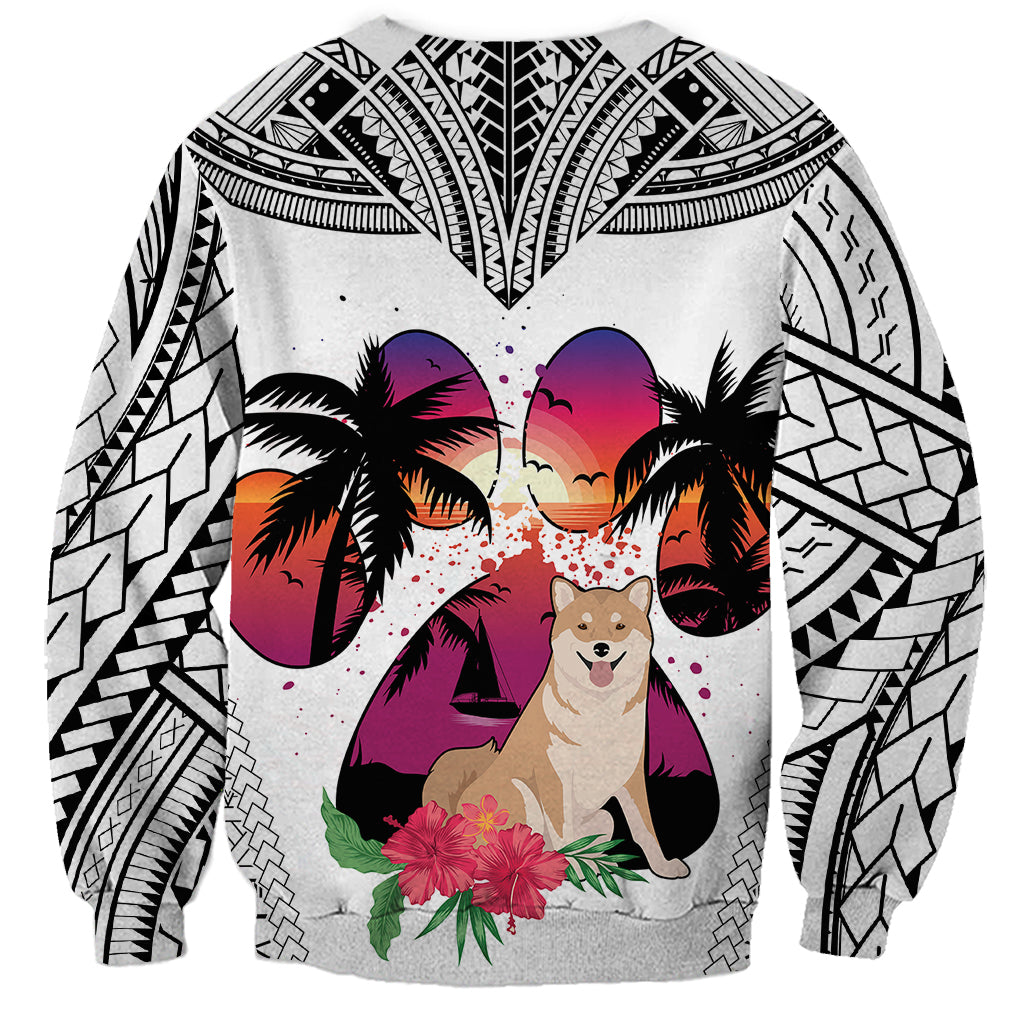 Polynesian Sweatshirt Dog Lover With Shiba Inu - Sunset At The Beach White Ver - Wonder Print Shop
