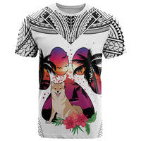 Polynesian T Shirt Dog Lover With Shiba Inu - Sunset At The Beach White Ver - Wonder Print Shop