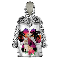 Polynesian Wearable Blanket Hoodie Dog Lover With Shiba Inu - Sunset At The Beach White Ver - Wonder Print Shop