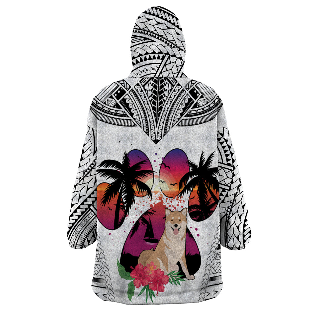 Polynesian Wearable Blanket Hoodie Dog Lover With Shiba Inu - Sunset At The Beach White Ver - Wonder Print Shop