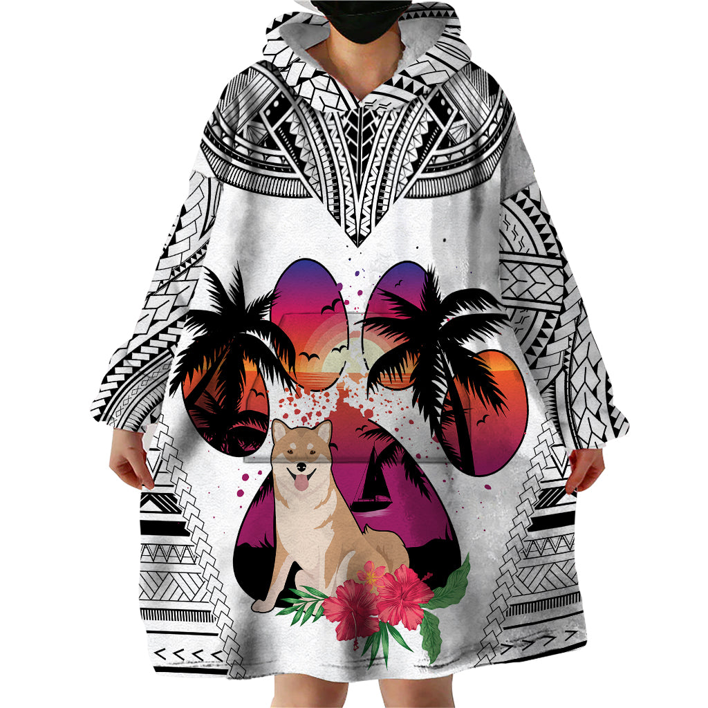 Polynesian Wearable Blanket Hoodie Dog Lover With Shiba Inu - Sunset At The Beach White Ver - Wonder Print Shop