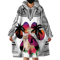 Polynesian Wearable Blanket Hoodie Dog Lover With Shiba Inu - Sunset At The Beach White Ver - Wonder Print Shop