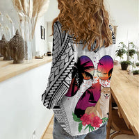 Polynesian Women Casual Shirt Dog Lover With Shiba Inu - Sunset At The Beach White Ver - Wonder Print Shop