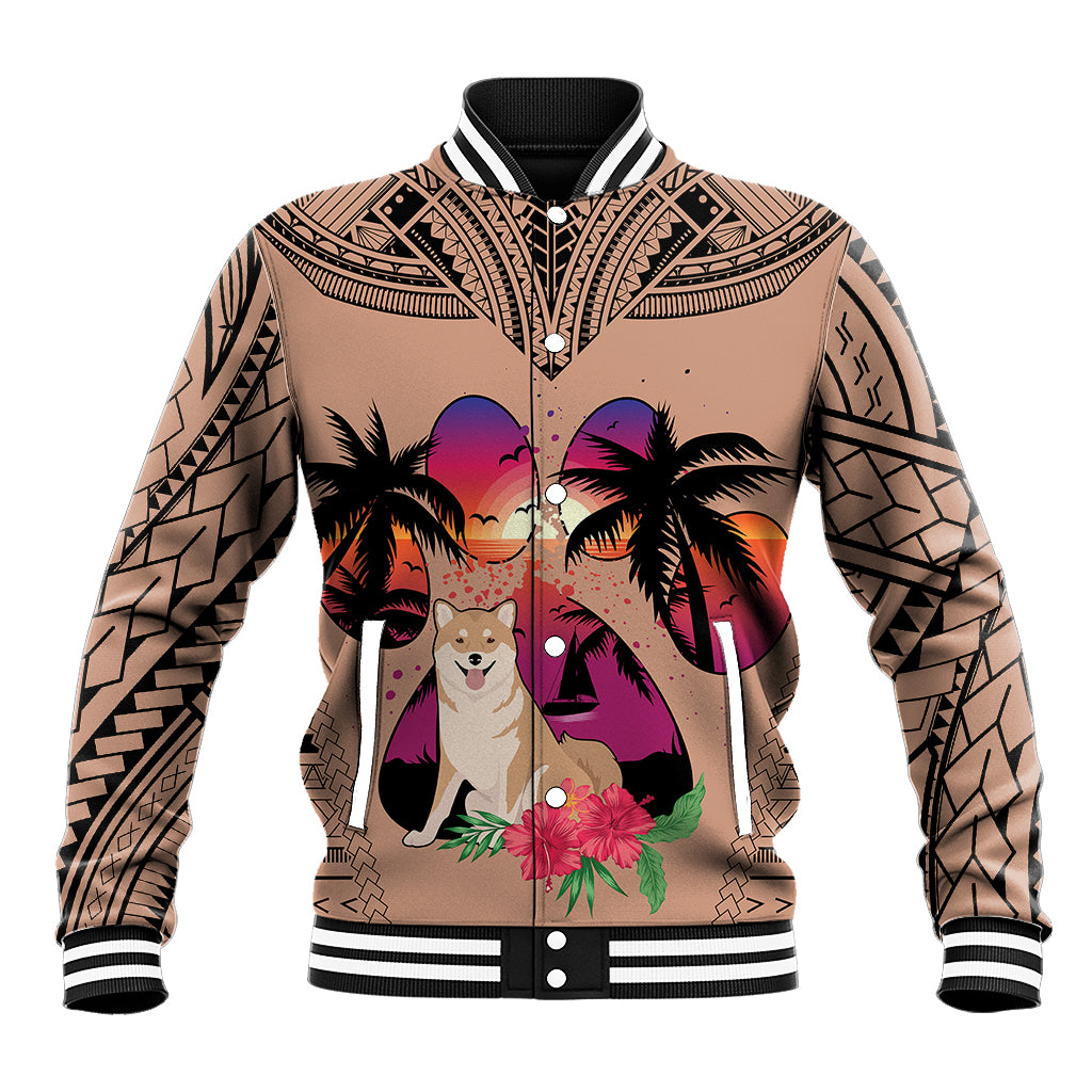Polynesian Baseball Jacket Dog Lover With Shiba Inu - Sunset At The Beach Brown Ver LT7 - Wonder Print Shop