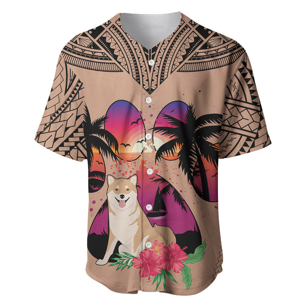 Polynesian Baseball Jersey Dog Lover With Shiba Inu - Sunset At The Beach Brown Ver LT7 - Wonder Print Shop