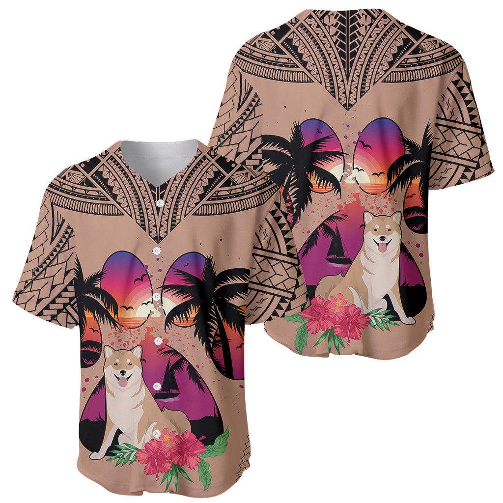 Polynesian Baseball Jersey Dog Lover With Shiba Inu - Sunset At The Beach Brown Ver LT7 - Wonder Print Shop