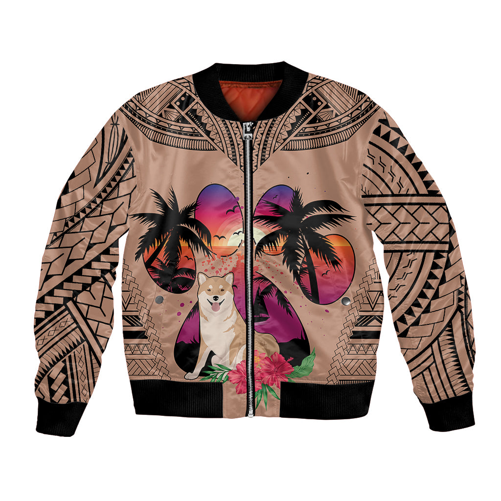 Polynesian Bomber Jacket Dog Lover With Shiba Inu - Sunset At The Beach Brown Ver LT7 - Wonder Print Shop