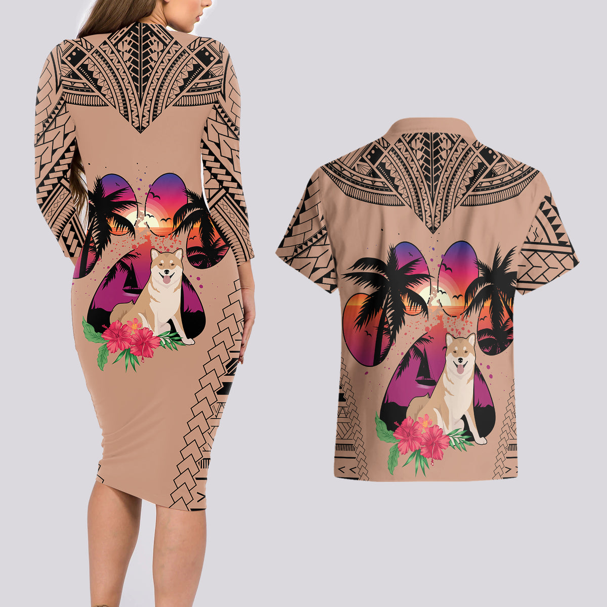 Polynesian Couples Matching Long Sleeve Bodycon Dress and Hawaiian Shirt Dog Lover With Shiba Inu - Sunset At The Beach Brown Ver LT7 - Wonder Print Shop