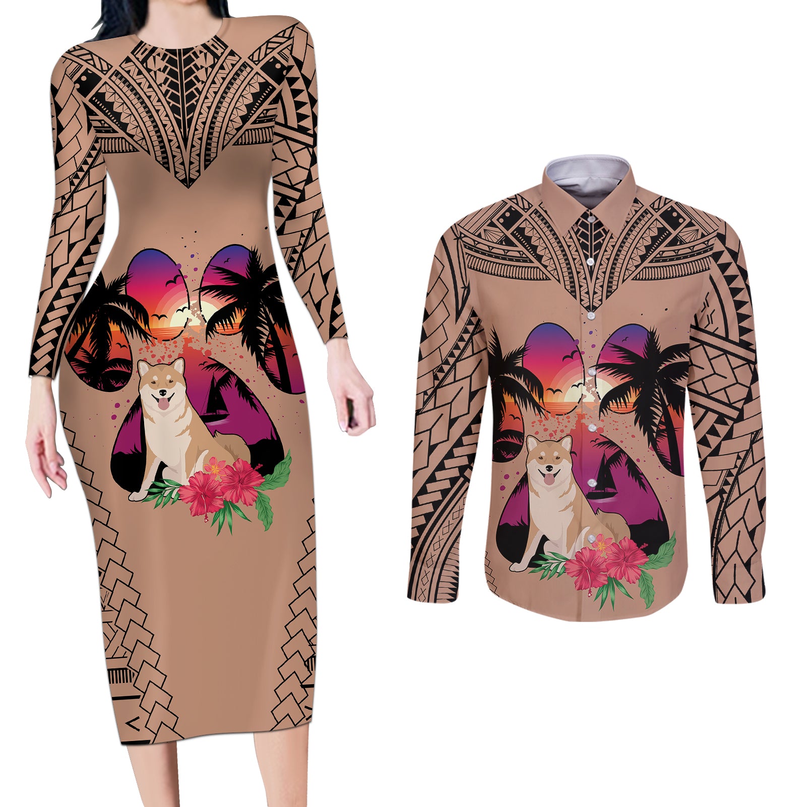 Polynesian Couples Matching Long Sleeve Bodycon Dress and Long Sleeve Button Shirts Dog Lover With Shiba Inu - Sunset At The Beach Brown Ver LT7 - Wonder Print Shop