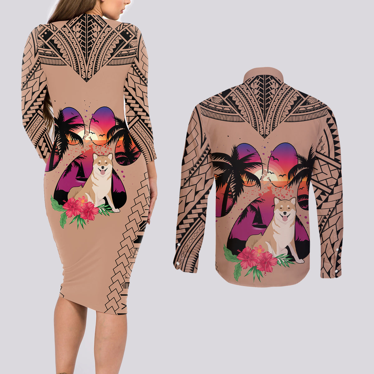 Polynesian Couples Matching Long Sleeve Bodycon Dress and Long Sleeve Button Shirts Dog Lover With Shiba Inu - Sunset At The Beach Brown Ver LT7 - Wonder Print Shop