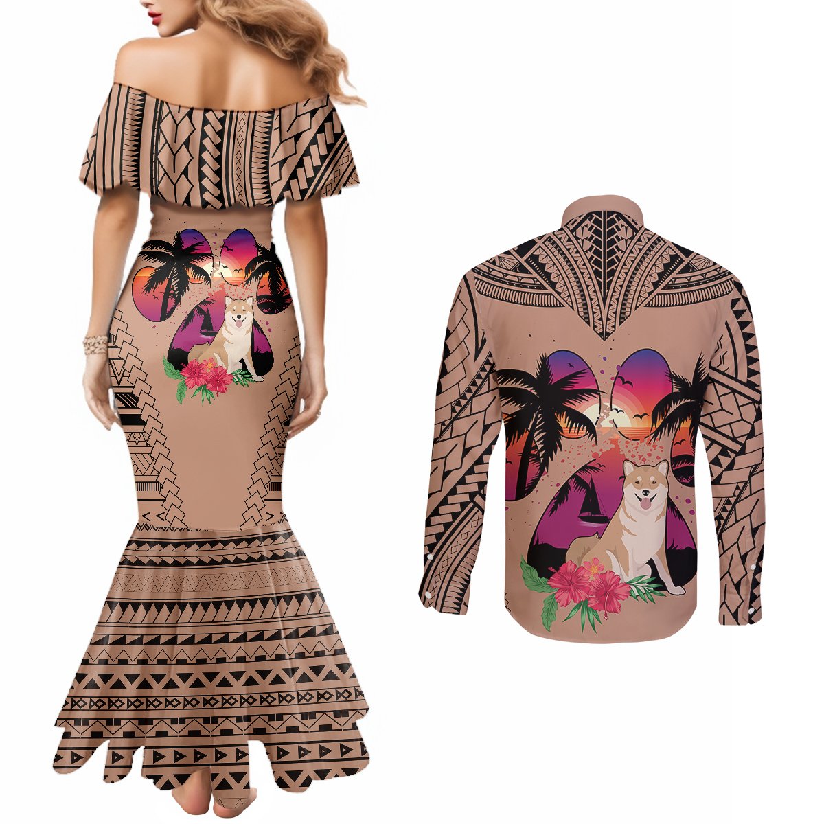 polynesian-couples-matching-mermaid-dress-and-long-sleeve-button-shirts-dog-lover-with-shiba-inu-sunset-at-the-beach-brown-ver