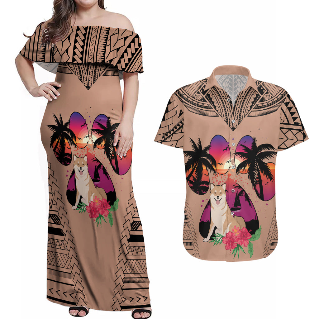 Polynesian Couples Matching Off Shoulder Maxi Dress and Hawaiian Shirt Dog Lover With Shiba Inu - Sunset At The Beach Brown Ver LT7 - Wonder Print Shop