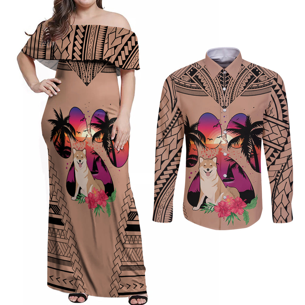 Polynesian Couples Matching Off Shoulder Maxi Dress and Long Sleeve Button Shirts Dog Lover With Shiba Inu - Sunset At The Beach Brown Ver LT7 - Wonder Print Shop