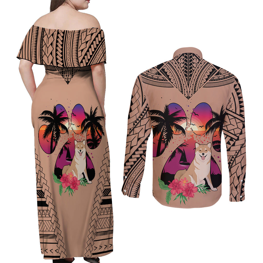 Polynesian Couples Matching Off Shoulder Maxi Dress and Long Sleeve Button Shirts Dog Lover With Shiba Inu - Sunset At The Beach Brown Ver LT7 - Wonder Print Shop