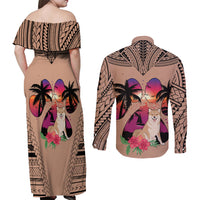 Polynesian Couples Matching Off Shoulder Maxi Dress and Long Sleeve Button Shirts Dog Lover With Shiba Inu - Sunset At The Beach Brown Ver LT7 - Wonder Print Shop