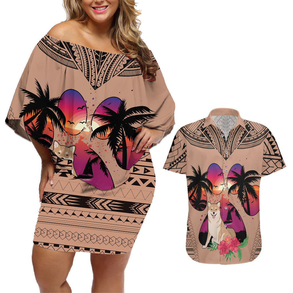 Polynesian Couples Matching Off Shoulder Short Dress and Hawaiian Shirt Dog Lover With Shiba Inu - Sunset At The Beach Brown Ver LT7 - Wonder Print Shop